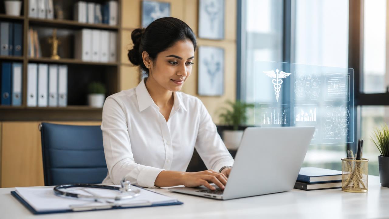Healthcare professional working in a modern hospital administration setting